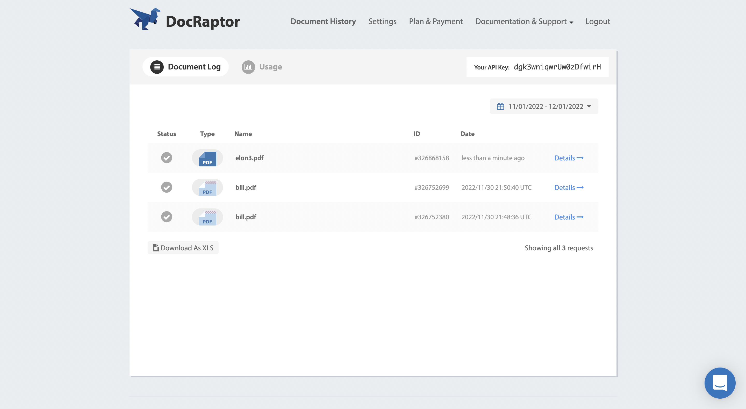 Docraptor document history