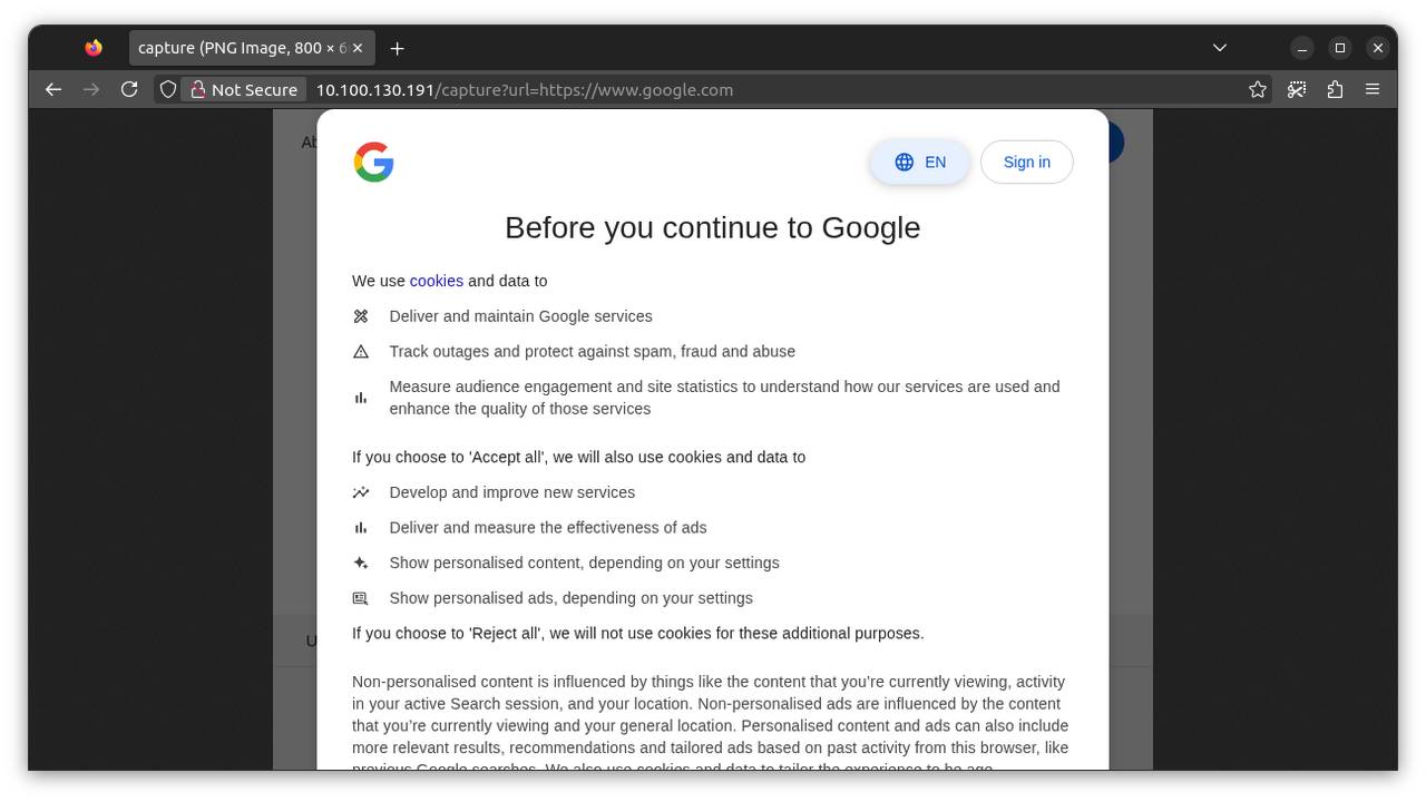 Image showing the successful capture in a browser
