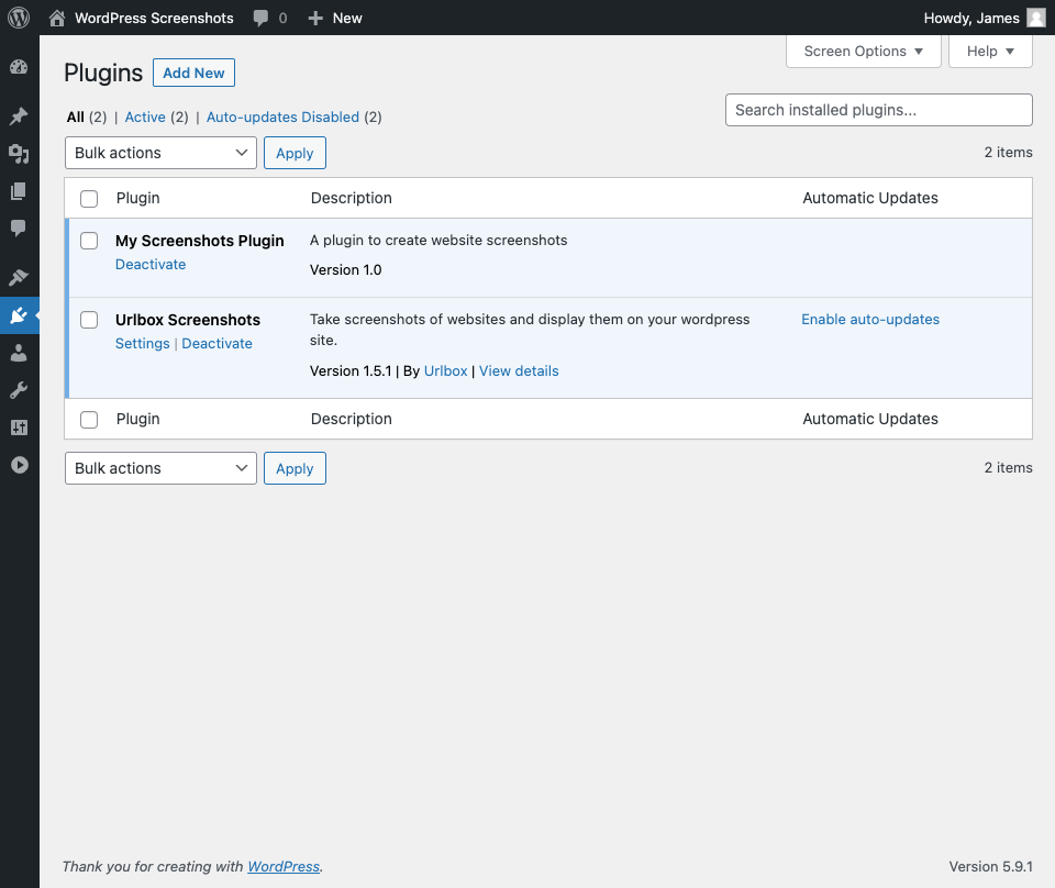 Viewing the Urlbox plugin in the WordPress admin