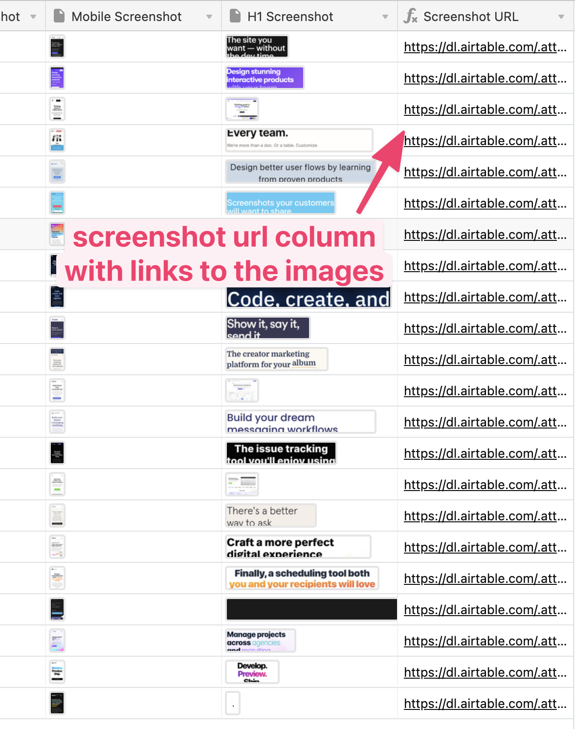 screenshot url column