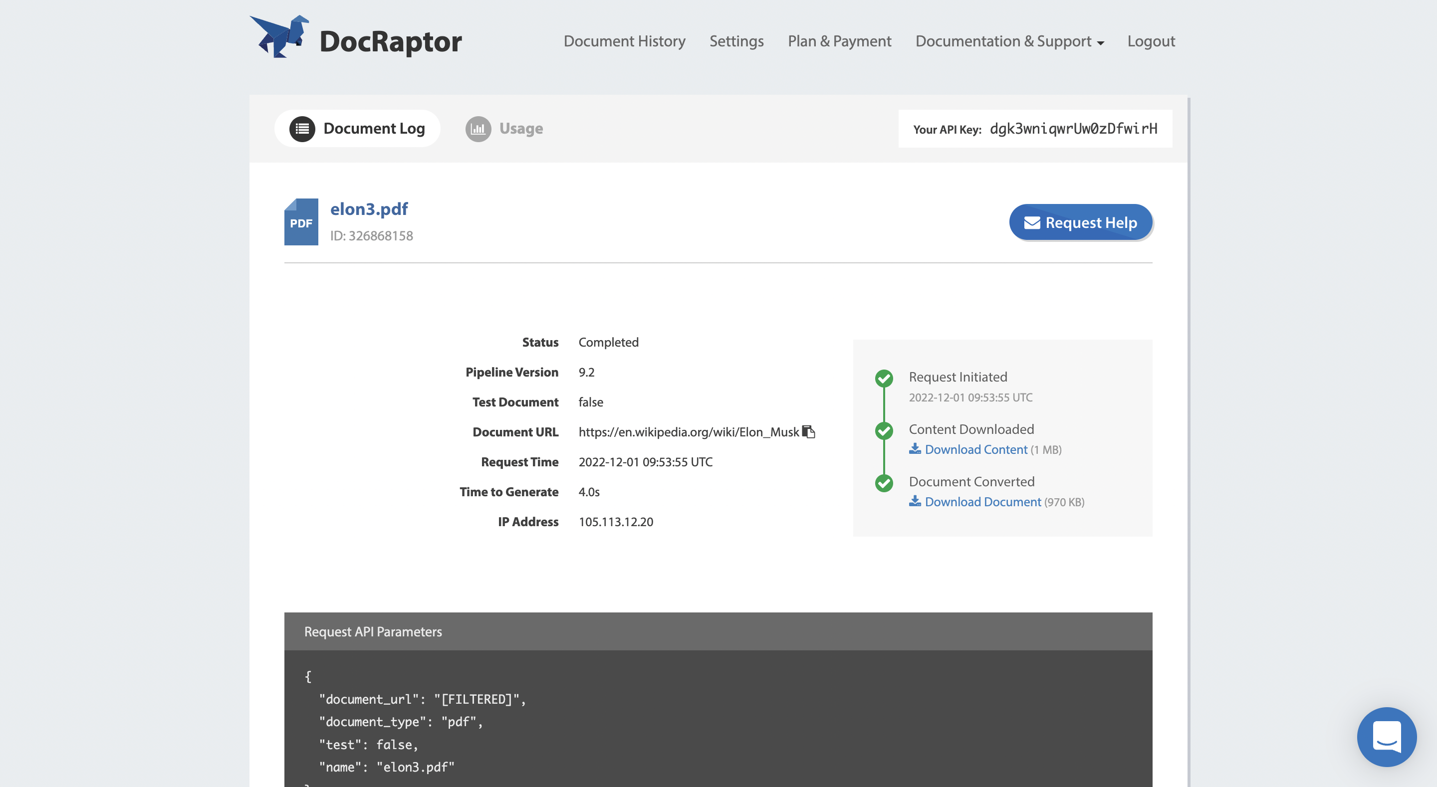 Docraptor converted document details