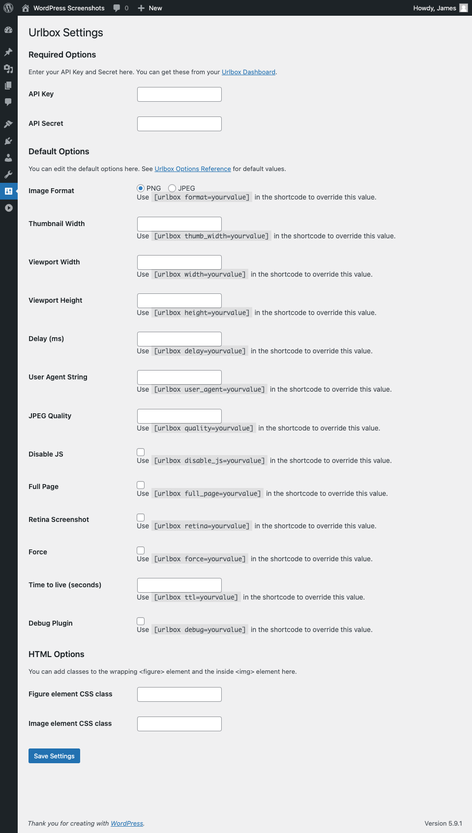 Viewing the Urlbox options in the WordPress admin