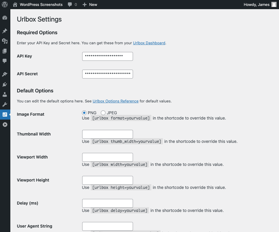 Viewing the Urlbox options in the WordPress admin