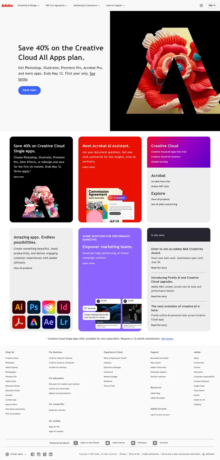 Adobe website screenshot taken with Stillio